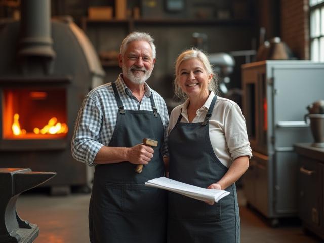 Photo des fondateurs de Pétrin Forge, Jean et Marie Dupont, dans leur atelier artisanal